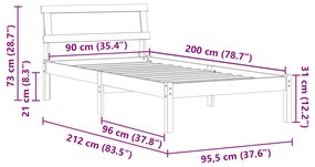 Ágykeret LED Fejtámlával, Fehér, 90 x 200 cm, Tömör Fenyő