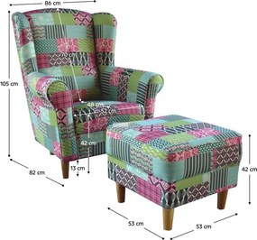 füles fotel puffal, szövet patchwork M1, ASTRID