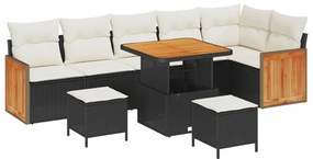9 darabos kert szófa szett párnákkal fekete poli rattan akác, 3 darabos kert étkező szett párnákkal fekete poli rattan akác