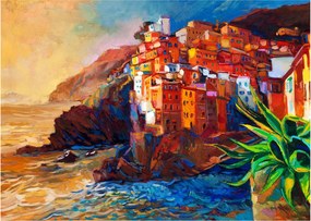 Kép - Falu Cinque Terre partján, az olasz riviérán, modern impresszionizmus (üvegen) (70x50 cm)