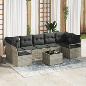 8 darabos Kert Sofa Szett Párnákkal Világosszürke Poli Rattan, 2-Személyes Kert Sofa Párnákkal Szürke Poli Rattan