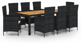 vidaXL 9 részes fekete polyrattan kültéri étkezőszett párnákkal