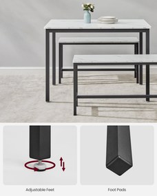 Étkezőasztal szett 4 fő részére, konyhaasztal 2 paddal, márványfehér és tintafekete színben