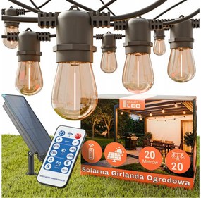 LED Stm napelemes díszfényfüzér 20xE27/3V USB 2400 mAh 20,62 m IP65 fekete + távirányító