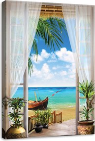 Vászonkép 50x70 Trópusi tengerpart kilátás az ablakból tenger ég hajó pálmafák nyár