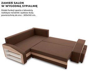 Grande sarokkanapé polcokkal és puffokkal , polc a bal karfaban puffok a jobb karfaban, baloldali, szövet anyag, hab töltet, barna