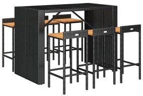7 részes fekete polyrattan és tömör akácfa kerti bárszett
