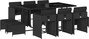 vidaXL 11 részes fekete polyrattan kerti étkezőgarnitúra párnákkal
