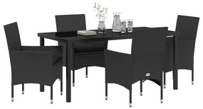 5 Részes Kerti Étkezőszett Párnákkal Fekete Poli Rattannal, Kerti Asztal Fekete 160x80x73 cm Edzett Üveggel