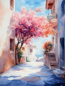 Vászonkép Canvas Tájkép Mediterrán Utca Fa Virágok 75x100