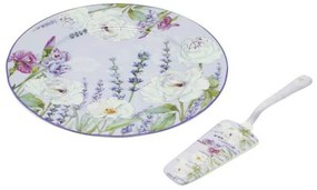 Levendulás porcelán süteményes tortatállal és lapáttal - díszdobozban
