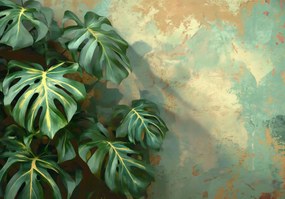 Fotótapéta 3D Hatás zöld nagy levelek Monstery beton háttér ragasztó