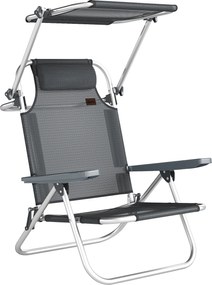 Outsunny összecsukható napozóágy fej- és nyaktámasszal, állítható napellenzővel, 6 fokozatú háttámla, kemping-/kerti szék, 120 kg teherbírás – sötétsz