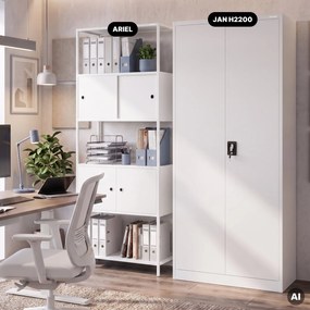 Iratrendező polc zárható szekrénnyel, irodai, nyitott polcok, fém fehér, 800x2200x400 mm: ARIEL