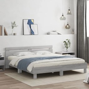 szürke sonoma színű ágykeret fejtámlával és LED-del 200x200 cm