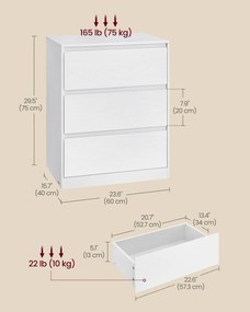 KAILYN kollekció - Modern komód, hófehér fiókos szekrény 3 fiókkal, 40 x 60 x 75 cm