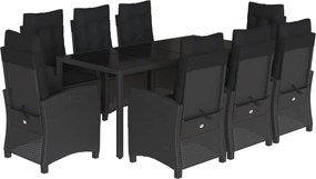 vidaXL 9 részes fekete polyrattan kerti étkezőgarnitúra párnákkal