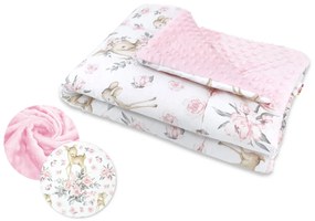 Baby Nellys Meleg pamut takaróval Minky 100x75cm, Őz és rózsák - rózsaszín