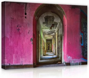 Vászonkép 70x50 Elhagyatott rom folyosó ív rózsaszín graffiti falak
