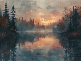 Vászonkép Canvas Tájkép Fák Tó Köd Nyugat Este 80x60