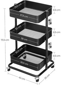 3 szintes tárolókocsi, gurulókocsi- Fekete