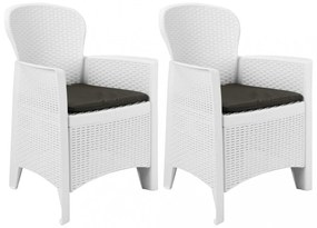 2 db fehér rattan hatású műanyag kerti szék párnával