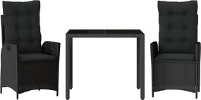vidaXL 3 részes fekete polyrattan kerti étkezőgarnitúra párnákkal