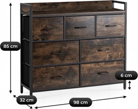 Fiókos komód rusztikus tölgy/fekete színben, 98 cm, HUDSON