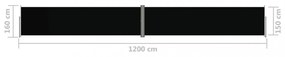fekete behúzható oldalsó napellenző 160 x 1200 cm