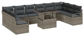 11 darabos Kerti Sofa Szett Párnákkal Szürke Poli Rattan, 2-Fős Kerti Sofa Tárolóval és Párnákkal Szürke Poli Rattan