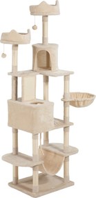 PawHut Nagy Macska Karcoló 206 cm Magas Macska Fa Torony Platformokkal, Barlangokkal, Függő Labdákkal és Hummockokkal - Bézs | Aosom