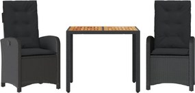 vidaXL 3 részes fekete polyrattan kerti étkezőgarnitúra párnákkal