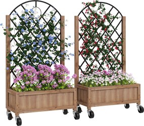 Outsunny 2 darabos Kertető Ágyás Kerekekkel, Rács, Espalier Virágcserép Fa Virágládával, Kert Espalier 52x25x97 cm Balkon Teraszon, Virágcserép Mászó