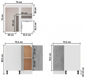 betonszürke szerelt fa alsó sarokszekrény 75,5 x 75,5 x 81,5 cm