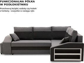 Grande sarokkanapé polcokkal és puffokkal , polc a jobb karfaban puffok a bal karfaban, jobboldali, szövet anyag, bonell töltet, szürke - fekete