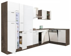 Yorki 370 sarok konyhablokk yorki tölgy korpusz,selyemfényű fehér fronttal polcos szekrénnyel és felülfagyasztós hűtős szekrénnyel