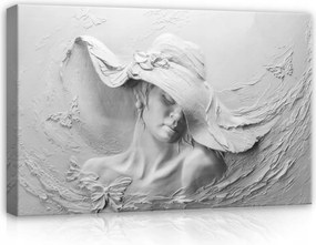 Vászonkép 120x80 dombormű szobor nő kalap fehér textúra gipsz pillangók
