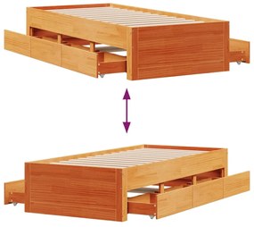 viaszbarna tömör fenyőfa fiókos ágykeret matrac nélkül 75x190cm