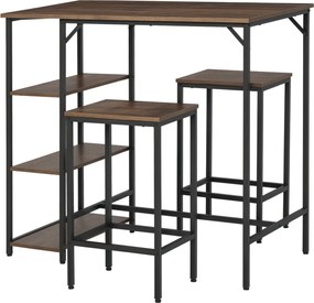 HOMCOM Bárasztal Szett Magas Asztallal 2 Bárszékkel 3 Részes Étkezőcsoport Konyhai Pult Polcokkal Chipboard Acél Rusztikus Barna + Fekete 109 x 60 x 1