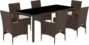 vidaXL 7 részes barna polyrattan/üveg kerti étkezőgarnitúra párnákkal