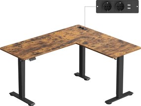 Elektromos L-alakú íróasztal, 140 x 160 cm, beépített töltőállomással rusztikus barna és fekete