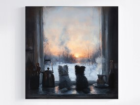 Vászonkép Canvas Ablak Kilátás Tél Kutya Terrier Napfelkelte 40x40