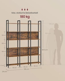 VASAGLE könyvespolc, állópolc 6 nyitott polcszinttel 24x128x187,1 cm, vintage barna–tintafekete