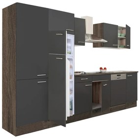 Yorki 340 konyhabútor yorki tölgy korpusz,selyemfényű antracit fronttal polcos szekrénnyel és felülfagyasztós hűtős szekrénnyel