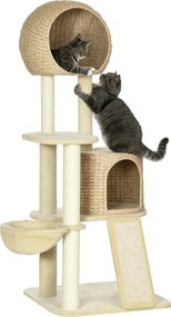 PawHut Macskafa, 150 cm, Macska Torony Macskaházzal, Mászófa Hintaággyal, Zsineg Karmolópókkal és Lejtővel, Karmolófa Alátét, Játékfa, Billenésvédővel