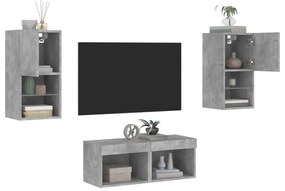 4 darab betonszürke falra szerelhető TV-szekrény LED-del