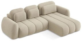 Világosbarna buklé kinyitható-tárolóhelyes sarokkanapé (jobb oldali-heverő résszel) Pele – Makamii