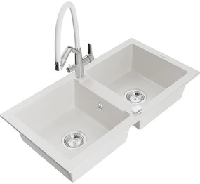 Mexen Mario, gránit mosogató 820x436x161 mm, 2-kamrás és Duo mosogató csaptelep, fehér, 6504-20-671701-02