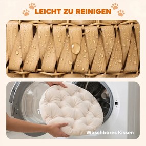 PawHut Rattan macskafekhely, macskabarlang levehető párnával, macskakosár 10 kg-ig, világosbarna
