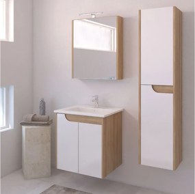 Piramida AKVA Tükrös fürdőszobai szekrény - LED világítással - FEHÉR-TÖLGY - 60 x 69 x 15 cm